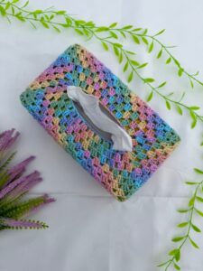 Pastel granny square crochet tissue box cover