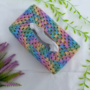 Pastel granny square crochet tissue box cover