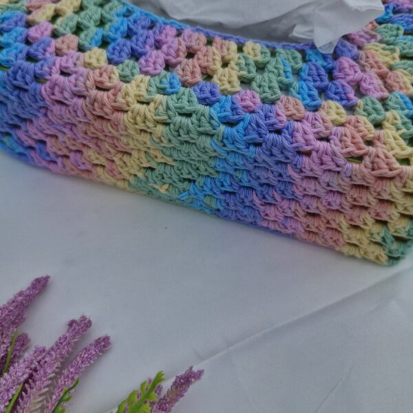 Pastel granny square crochet tissue box cover