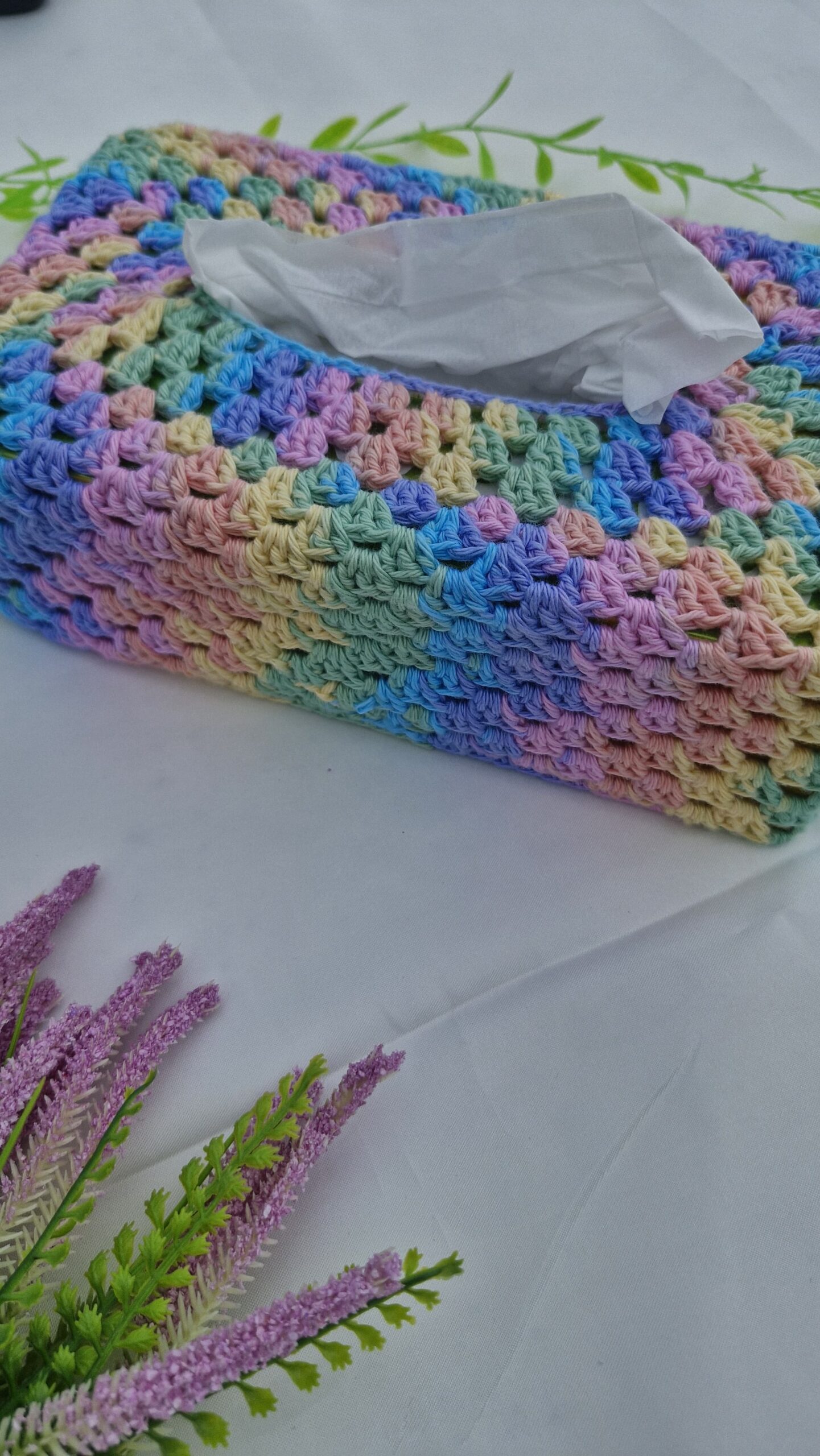 Pastel granny square crochet tissue box cover