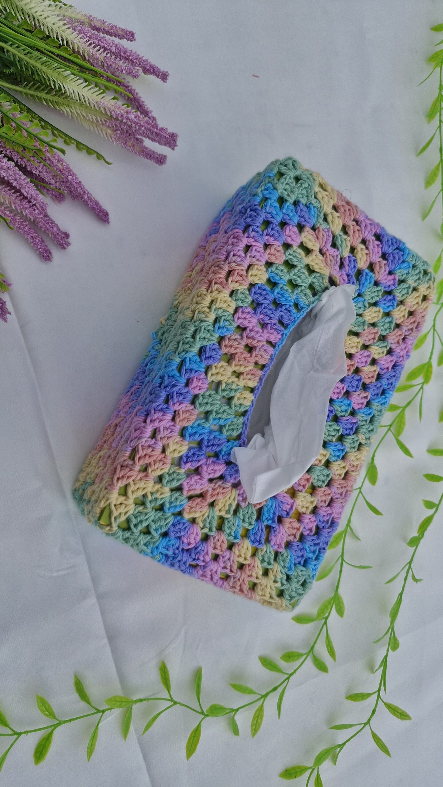 Pastel granny square crochet tissue box cover