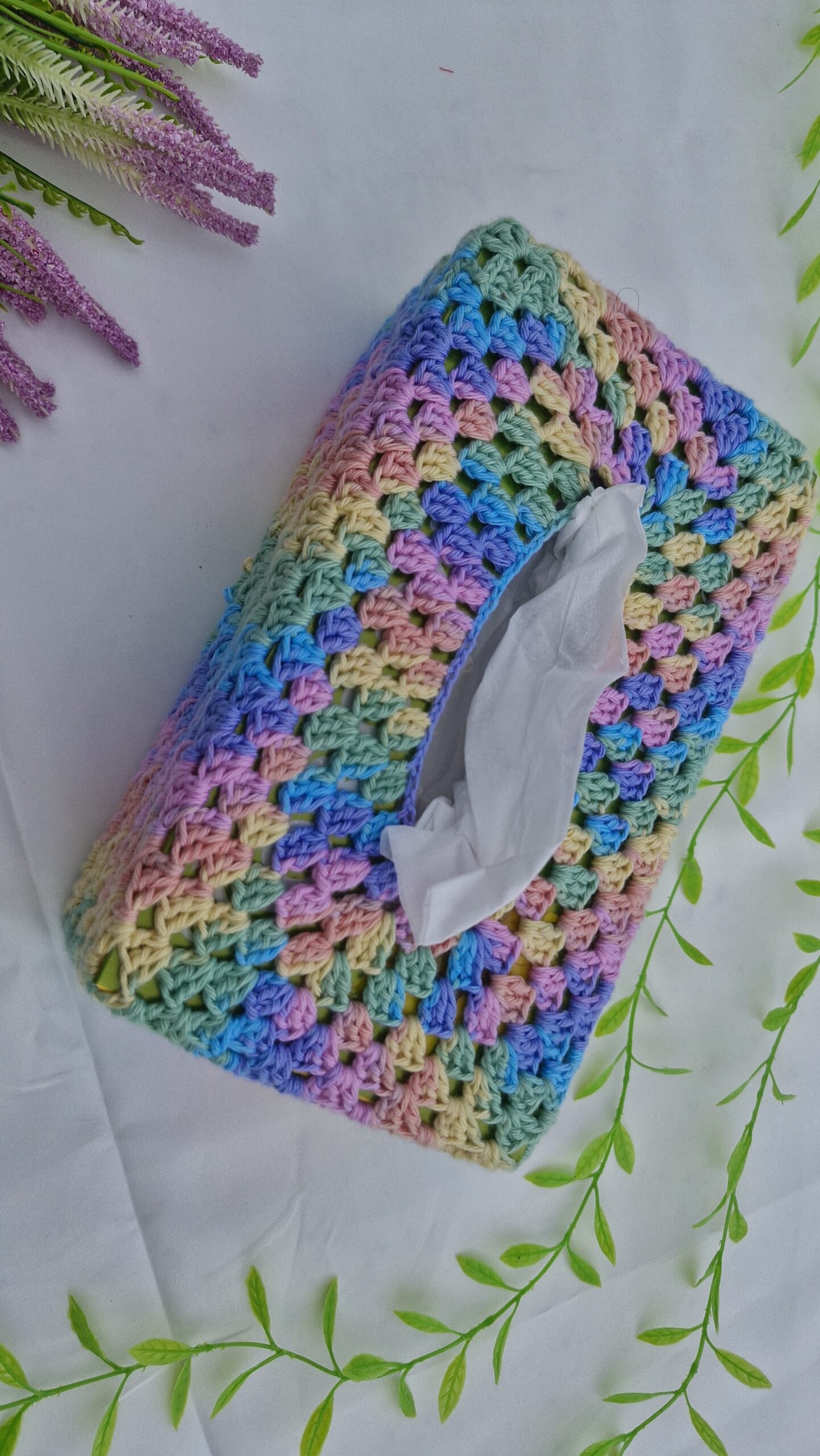 Pastel granny square crochet tissue box cover