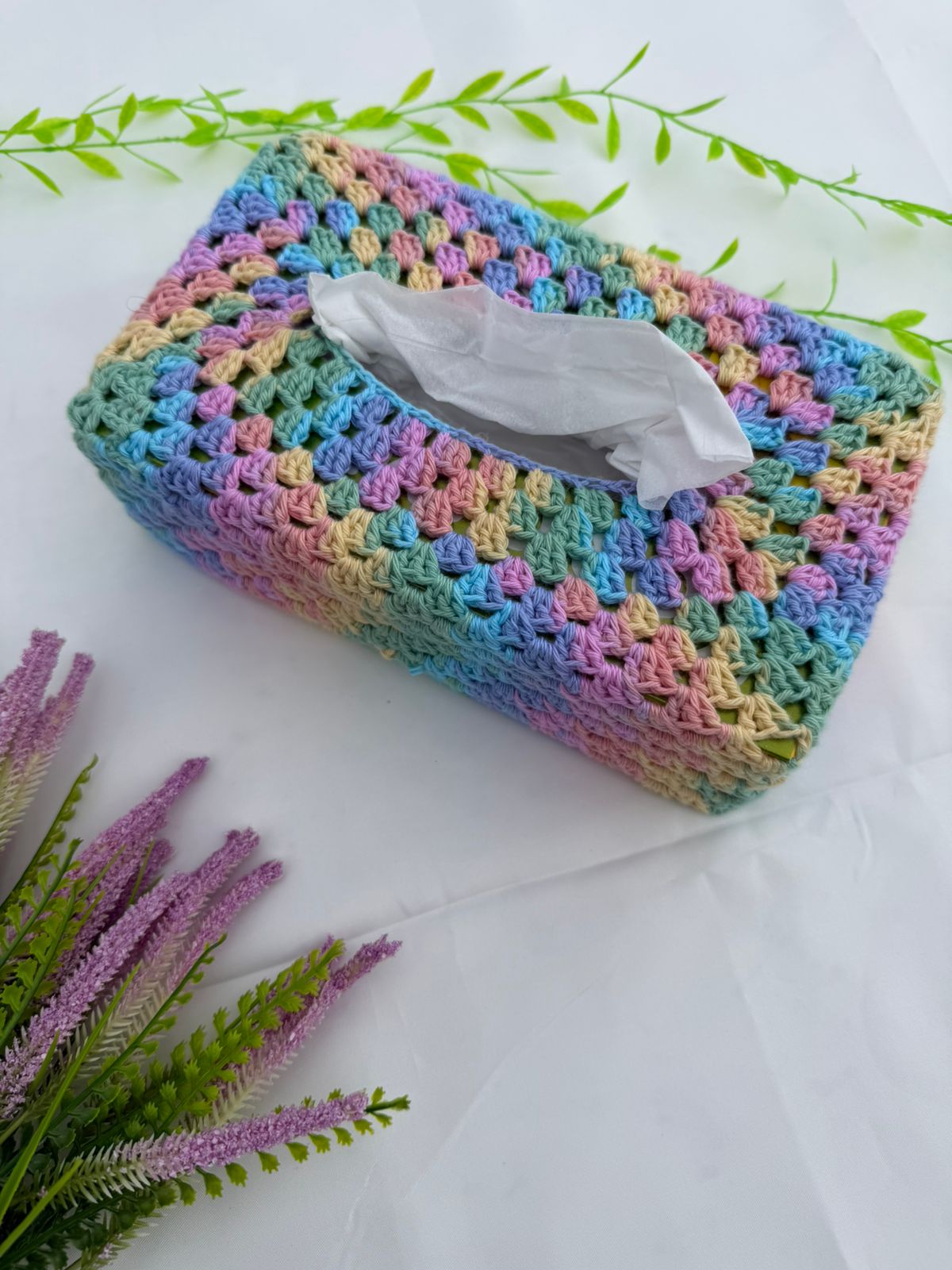 Pastel granny square crochet tissue box cover