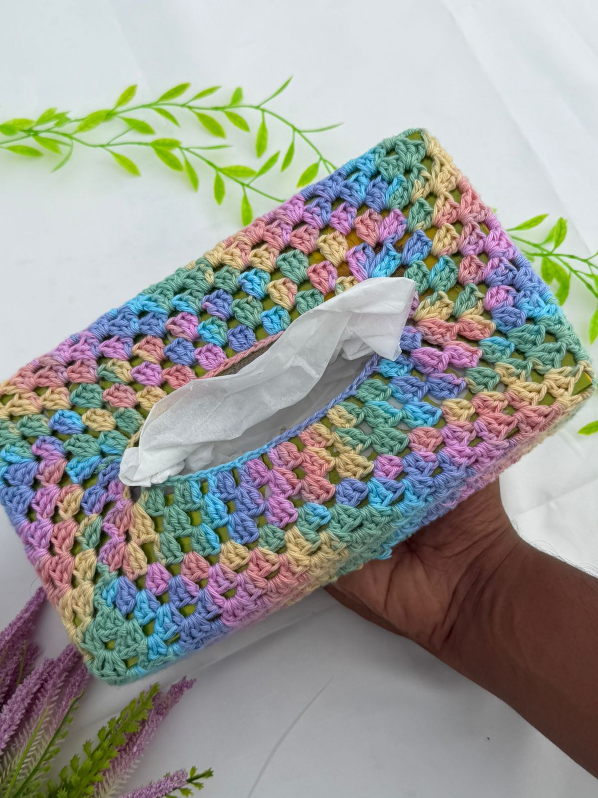 Pastel granny square crochet tissue box cover