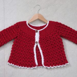 Red and white crochet wool baby cardigan