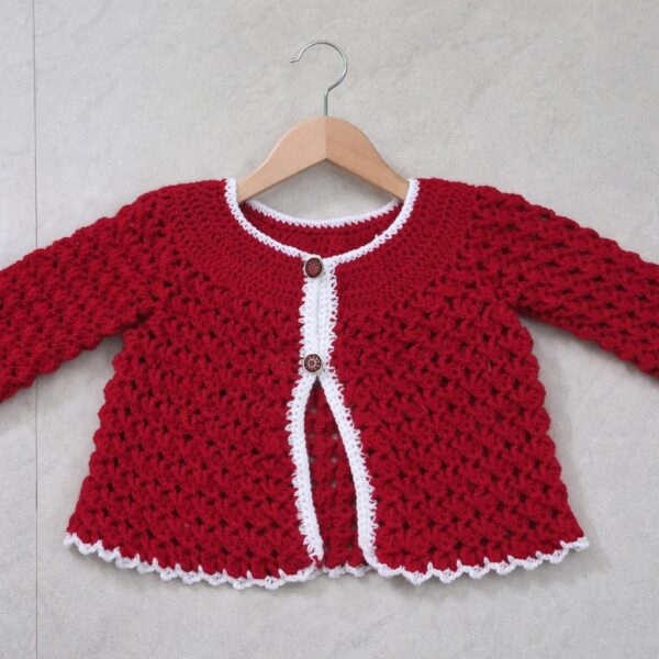 Red and white crochet wool baby cardigan