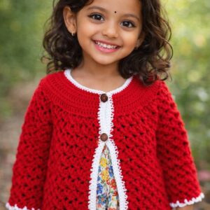 Red and white crochet wool baby cardigan