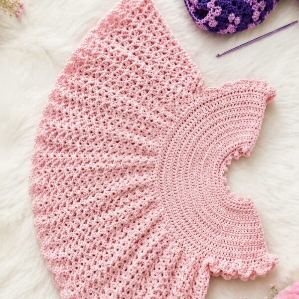Pink crochet baby dress for 0 to 3 months, handmade in Kerala