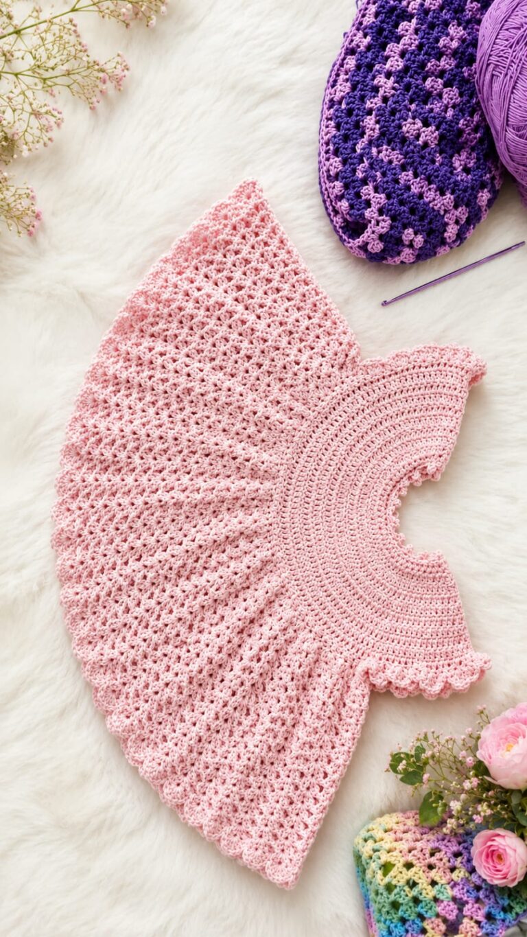 Pink crochet baby dress for 0 to 3 months, handmade in Kerala