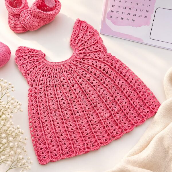 Pink crochet party frock for baby girls 0 to 3 months