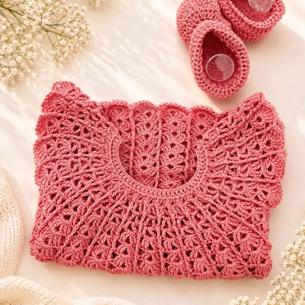Pink crochet party frock for baby girls 0 to 3 months