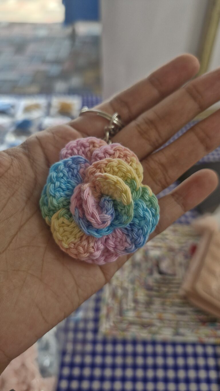Rainbow handmade crochet rose keychain