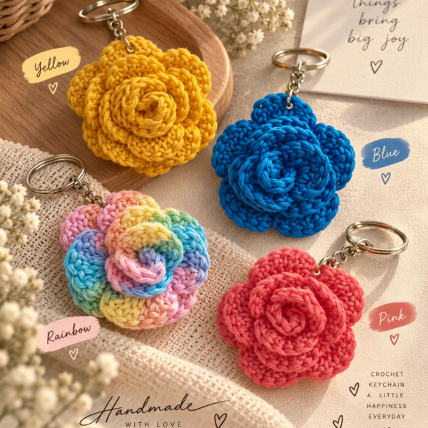 Handmade crochet rose flower keychain