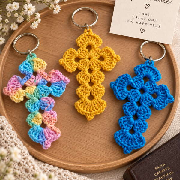 Handmade crochet cross keychain