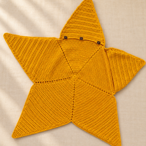 Mustard yellow crochet baby star cocoon with hood, handmade in India